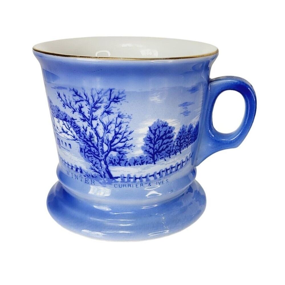 Currier & Ives Vintage Porcelain Winter Scenes Gold Trim Set of 6 Coffee Mugs
